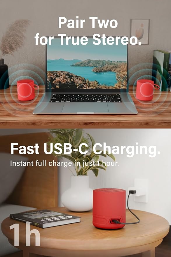 FUNLOGY Portable Mini2 Bluetooth Speaker, Wireless Portable Speaker with Deep Bass, IPX7 Waterproof, TWS Stereo Pairing, Built-in Mic, Small Speaker for Shower, Outdoor, Travel, Red