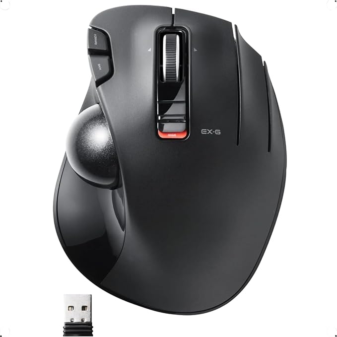 ELECOM EX-G Trackball Mouse, 2.4GHz USB Wireless, Ergonomic Design, Thumb Control, Smooth Roller Ball, Optical Tracking, 6 Programmable Buttons, Tilt Scroll, Computer Mice for Laptop PC, Windows & Mac