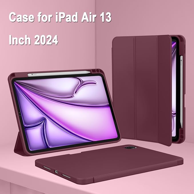 ZryXal New iPad Air 13 Inch Case M3 2025/M2 2024 with Pencil Holder, Trifold Stand Smart Case with Soft TPU Back,Auto Wake/Sleep(Wine)