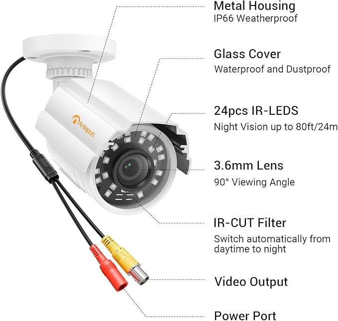 Anlapus 4 Pack 1080P HD Security Cameras, IP66 Weatherproof, 80ft Night Vision, 2MP Indoor Outdoor Home CCTV Bullet Camera for 1080P/5MP/4K Analog Surveillance DVR System