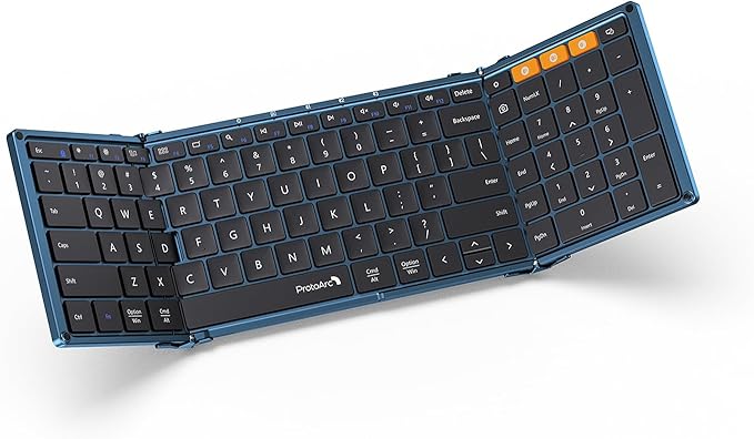 ProtoArc Foldable Bluetooth Keyboard, XK01 Full-Size Portable Wireless Keyboard for Travel, 105 Keys, 0.65" Keycaps, Multi-Device Sync for iPad Tablet Smartphone Laptop PC Windows iOS Android, Blue