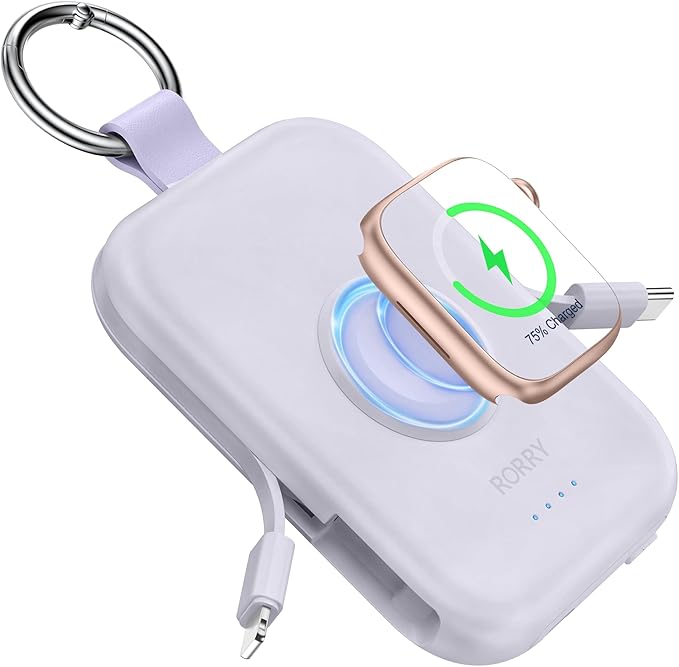 RORRY Portable Charger, 5000mAh Portable Charger Power Bank with Built-in Cables, Travel Keychain Battery Pack for Apple Watch Ultra/11/10/9/8/7/6/SE, iPhone Air/17/16/15/14/13/12, Purple