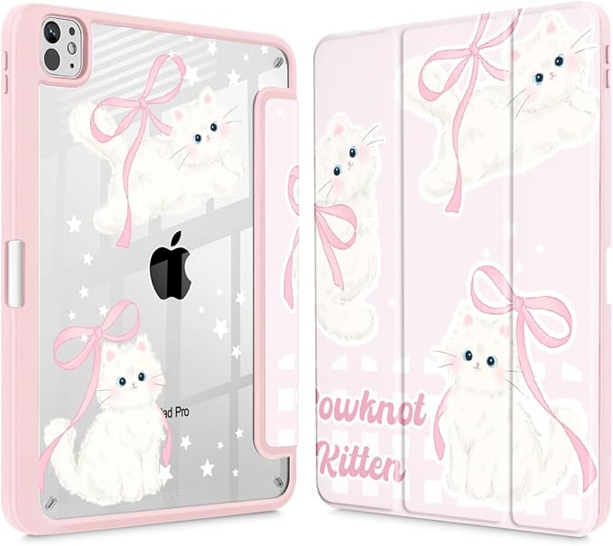 May Chen Case for iPad Pro 11-Inch M5/M4 2025/2024 (6th/5th Generation), Clear Transparent Print Back Shell Slim Stand Shockproof Tablet Cover, Auto Wake/Sleep, Bowknot Kitten