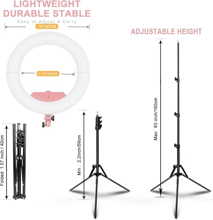 18 Inch Ring Light Kit, 55W6700k Dimmable LED Light, Tripod Stand, Remote Controller,Box,CRI95(Pink)