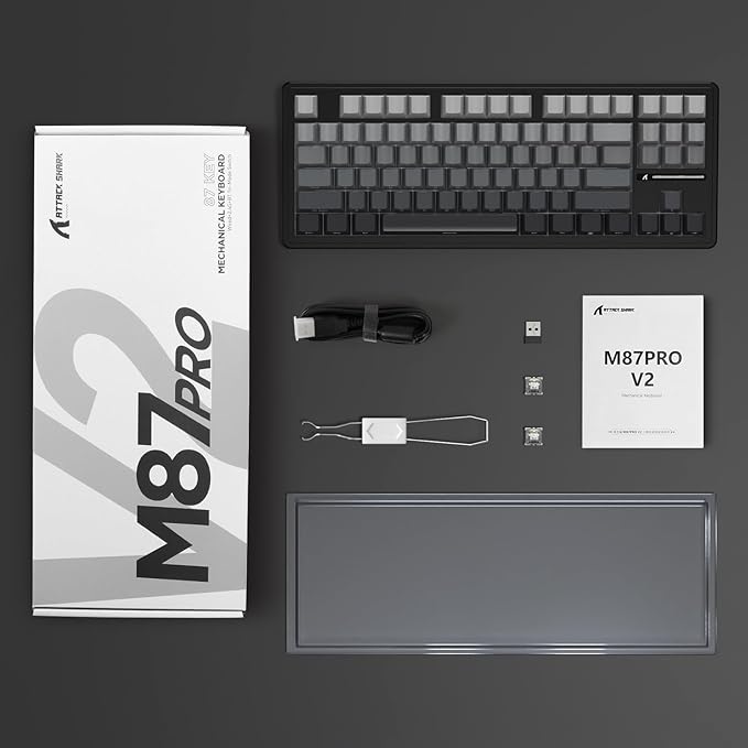 FELICON Attack Shark M87 PRO Wireless Mechanical Gaming Keyboard – 87-Key Tri-Mode (Bluetooth 5.0/2.4Ghz/USB-C), Hot-Swappable Linear Switch, RGB Backlit, 5000mAh Battery – Gray