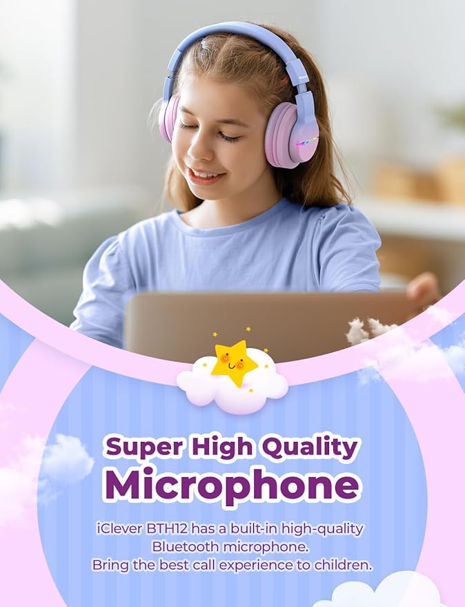 iClever BTH12 Kids Bluetooth Headphones,Colorful LED Lights,74/85dBA Safe Volume,85H Playtime,Fast Charging,Bluetooth 5.2,Over Ear Kids Headphones Wireles for iPad/Tablet/Airplane, Gradient Pink