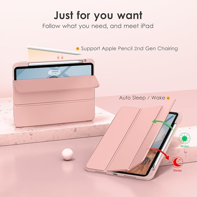 VIKESI for iPad Pro 11 Inch 4th/3rd/2nd/1st Generation Case, iPad Air 11-inch / 5th / 4th Generation Case with Clear Back,Pencil Holder,Auto Sleep/Wake,Camera Protection,Rose Gold