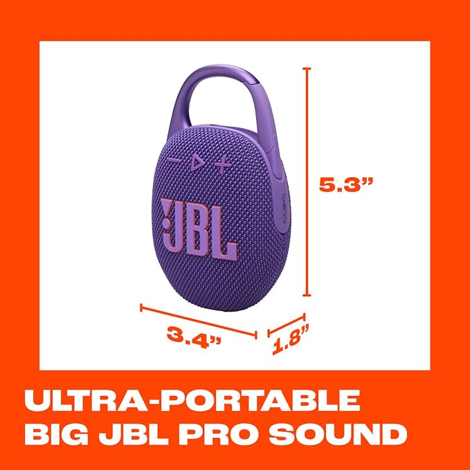 JBL Clip 5 - Ultra-Portable, Waterproof & Dustproof Bluetooth Speaker, Big JBL Pro Sound with Punchy bass, Integrated Carabiner, Up to 12 Hours of Play, Made in Part with Recycled Materials (Purple)