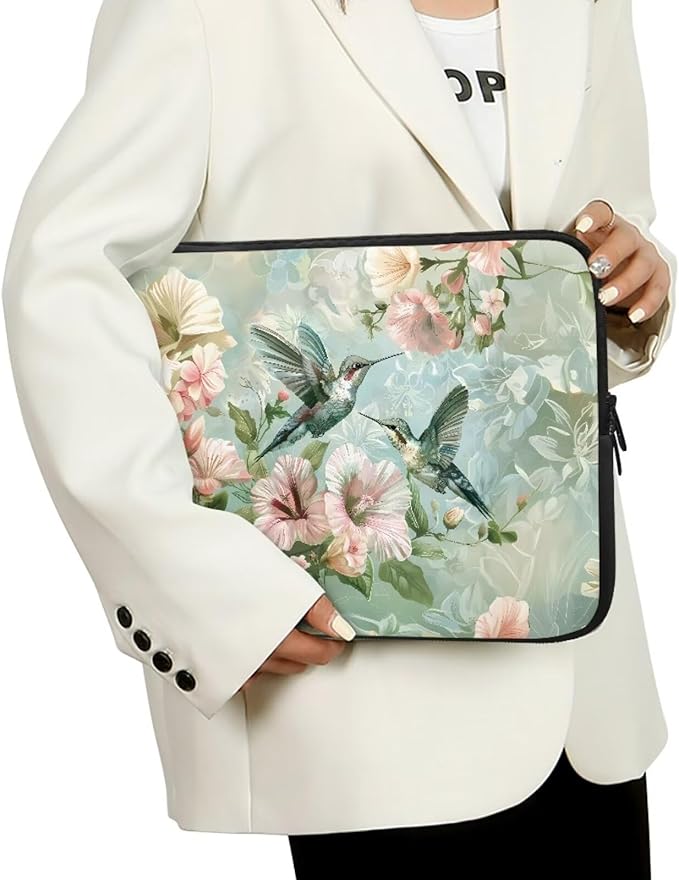 Hummingbird Flower Laptop Sleeve for Women - 13 inch Neoprene Lap Top Case with Padded Compartment