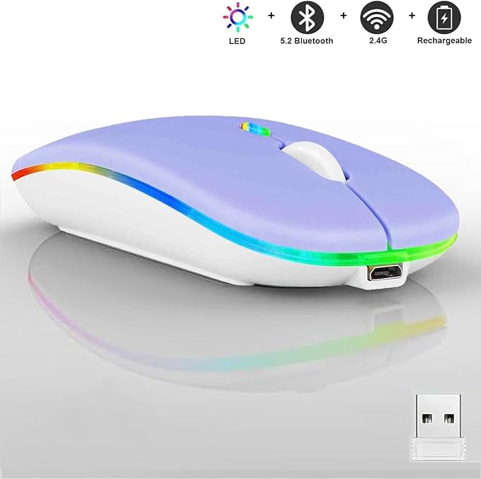 Guiheng Wireless Bluetooth Mouse,LED Dual Mode Rechargeable Silent Slim Laptop Mouse,Portable(BT5.2+USB Receiver) Dual Mode Computer Mice,for Laptop,Desktop Computer,ipad Tablet,Phone,Mac(Purple)