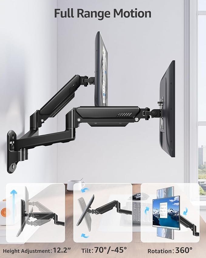 MOUNTUP Dual Monitor Wall Mount for 2 Max 32 Inch Computer Screen, Fully Adjustable Double Monitor Arm, Wall Mounted Monitor Holder Support 4.4-19.8lbs Display, VESA Bracket 75x75, 100x100