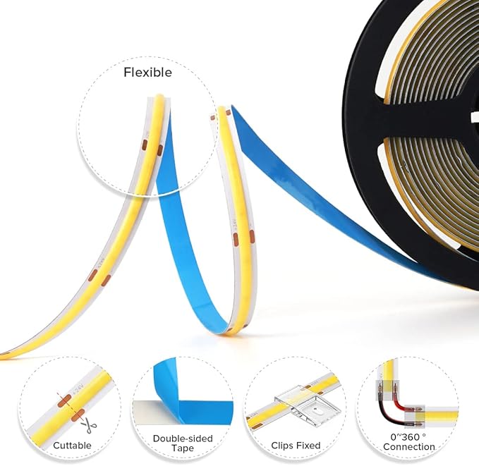 BTF-LIGHTING FCOB COB LED Strip Flexible High Density Uniform Light 9W/m 16.4FT DC24V Daylight White 6000K CRI 90+ 8mm Width Dimmable LED Ribbon for Indoor Decor(No Adapter or Controller)