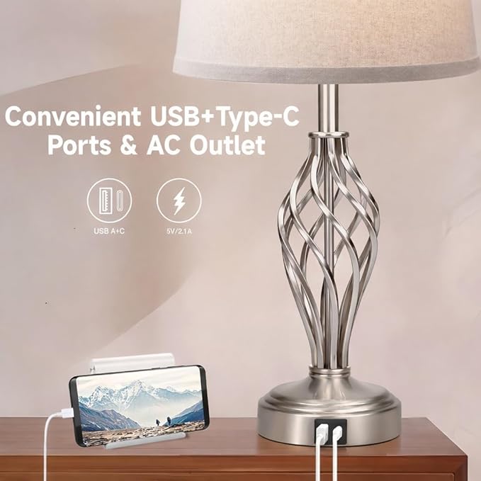 Ruiever Touch Table Lamps Set of 2, nightstand lamp with USB Ports Bedside 3 Way Touch dimmer Desk lamp for Living Room Bedroom,Nickel Plated Spiral cage Base Design Warm White dimmer Bulbs Included