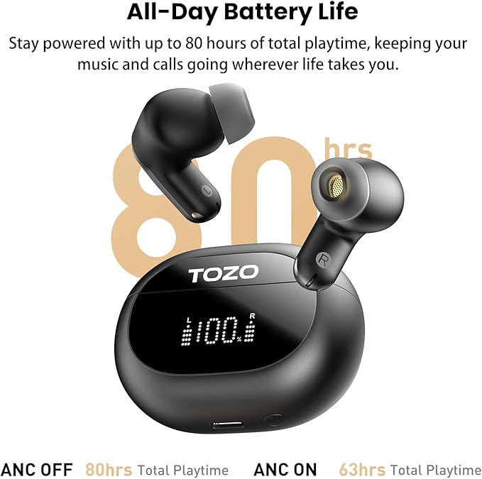 TOZO NC20 Active Noise Cancelling Wireless Earbuds, LDAC Hi-Res Sound Bluetooth Headphones, 6 Mics AI Call Ear Buds 80H Playtime, Dual Pairing, 32 EQ via App, IPX8 Waterproof, Wireless Charging Case