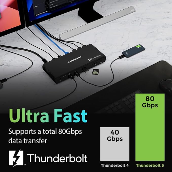IOGEAR Quantum Thunderbolt 5 Dock Pro - 10 Devices - 80gbps - 2.5G - TB5 Host Dual 8K 60hz / Triple 4K Display 120hz - USB-A, SD 4.0, Audio - TAA - 140W Host Power - Includes PSU - Win 11 — GTD58KTAA