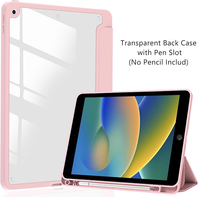 JOYLAND Pink Hibiscus Flower Pattern Case for iPad Air 11 Inch M3(2025) / M2(2024), iPad Air 5th(2022) / 4th (2020) Gen 10.9 Inch, Clear Hard Back Case with Pencil Holder Trifold Stand Tablet Cover