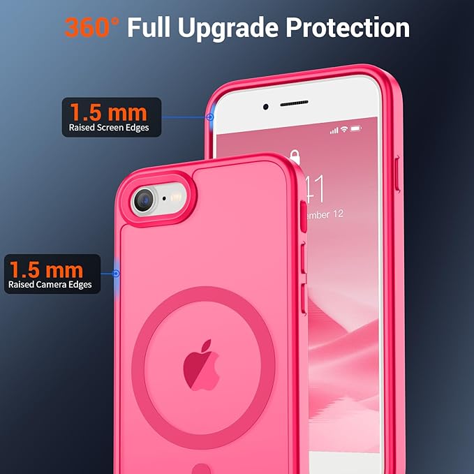 SUPFINE Magnetic for iPhone SE Case 2022 (3rd)/2020 (2nd), iPhone 8 Case (Compatible with MagSafe) (Military Grade Drop Protection) Translucent Matte Phone Case, Hot Pink