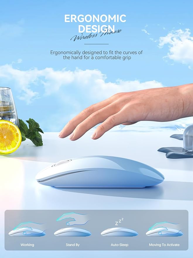 RAPIQUE Bluetooth Wireless Mouse - (BT5.1+USB) Dual Connectivity, Quiet Click, Low Power, and 1600 DPI, Portable Cordless Mouse for Laptop, MacBook Pro/Air, iPad (Gradient Sky Blue)