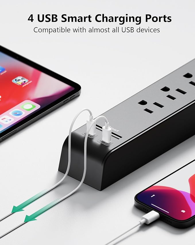 2 Pack Surge Protector Power Strip, Slim Flat Plug, Braided Extension Cord, 5-Foot, 900 Joules, 6 Outlets 4 USB Ports, Wall Mount for Home Office Dorm
