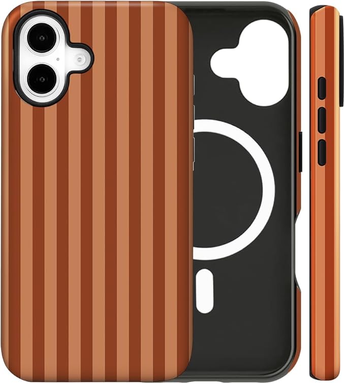 Magnetic for iPhone 17 Case Cute Stripes Phone Case, Shockproof Slim TPU and Hard PC Protective Phone Cover Compatible with MagSafe Designed for Women Girls, Deep Brown