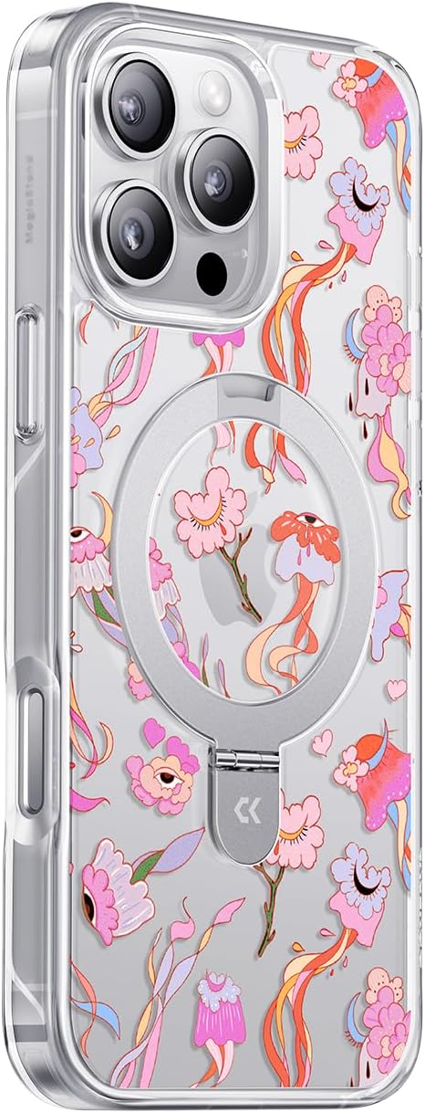 CASEKOO Floral Series [ArtCollab x Leah Han] Floral Jellyfish for iPhone 16 Pro Max Case with Magnetic Ring Stand [Compatible with MagSafe] [Military-Grade Protection] Clear Back, Soft Edge, for Women