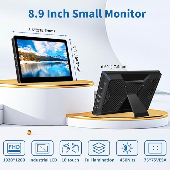 Portable Monitor Touchscreen,8.9 Inch Small Monitor for Computer| 1920 * 1200 |16:10|450Nits|Optical Bonding| HDMI/USB-C Port|Mini Display for Raspberry Pi Laptop Mini PC Mac