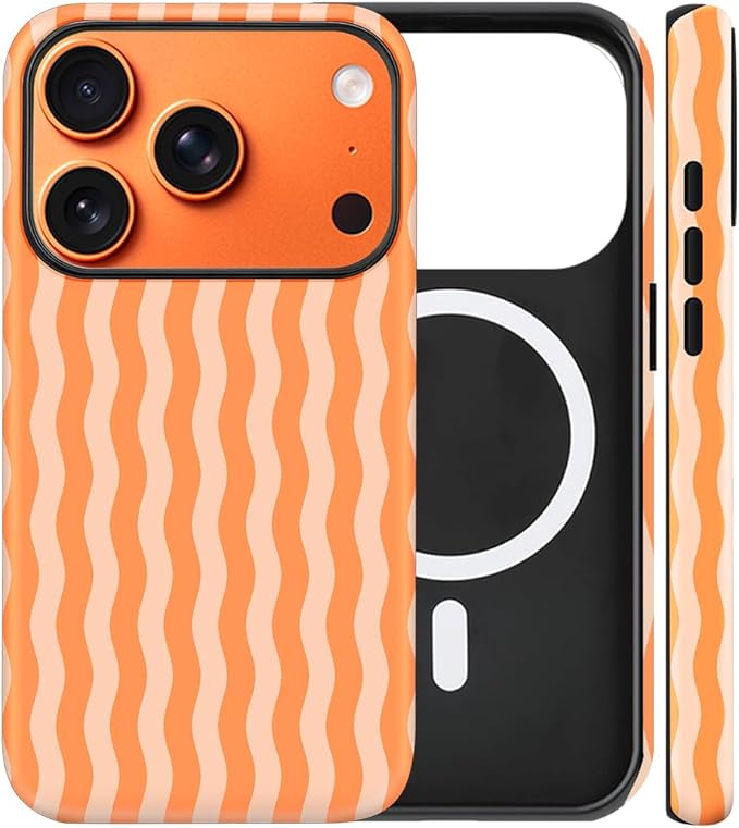 Magnetic for iPhone 17 Pro Case Cute Wavy Stripes Phone Case, Shockproof Slim TPU and Hard PC Protective Phone Cover Compatible with MagSafe Designed for Women Girls, Orange