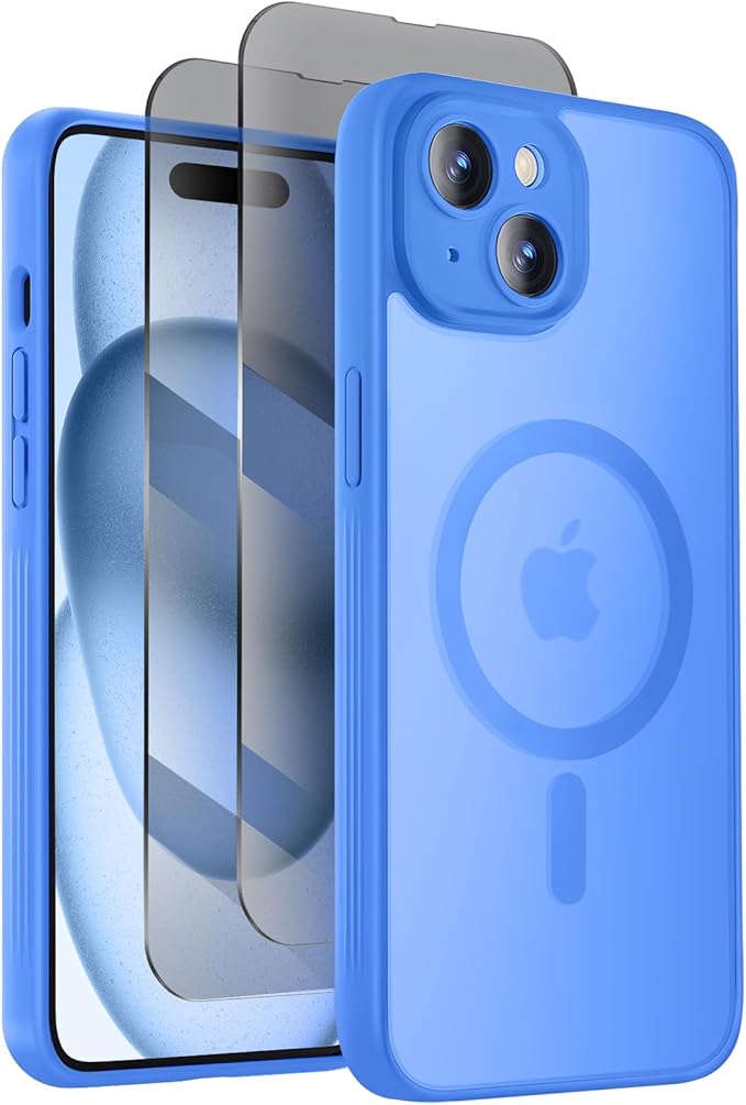 Symcele Designed for iPhone 15 Plus Case, Compatible with MagSafe, with Privacy Screen Protectors X2, [Camera Protection] [15FT Military Drop Protection] Shockproof Phone Case, 6.7", Blue