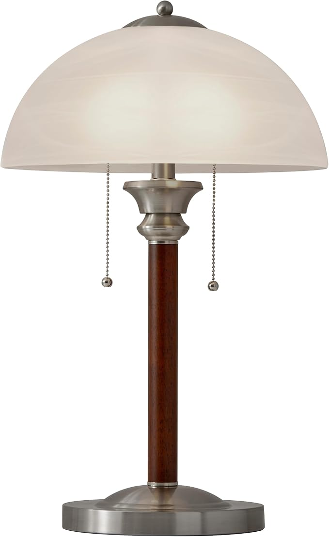 Adesso Table Lamp with Dual Pull Chains, Walnut Rubberwood Finish, Frosted Glass Shade – Bedside Table, Home Office Lighting, or Living Room Decor, 22.5” x 13.5”