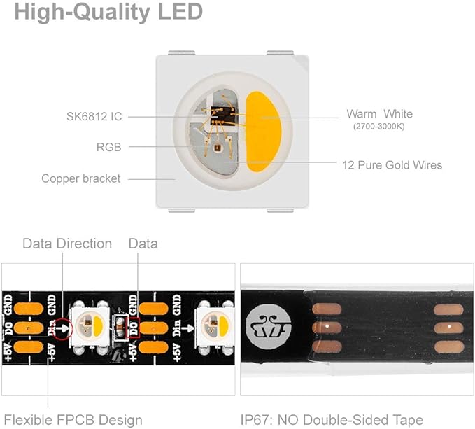 BTF-LIGHTING RGBW RGB+Warm White SK6812 (Similar WS2812B) 4 Colors in 1 LED Strip Individually Addressable 16.4ft 60Pixel/m 300LED Light Dream Color IP30 DC5V Black PCB (No Adapter or Controller)