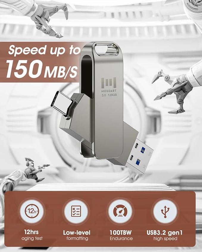 MOSDART 128GB USB C 3.2 Fast Speed C and A Dual Flash Drive, exFAT Memory Stick with Keychain Loop, for iPhone 15,16,17, Android Phone, iPad, MacBook, Silver