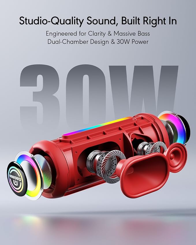 Portable Bluetooth Speaker, IPX7 Waterproof Wireless Speaker, 30W Loud Stereo Sound with Deep Bass, Bluetooth 5.4, EQ Mode for Home/Outdoor/Travel, Birthday Gifts for Adults Men Women Teen (Red)