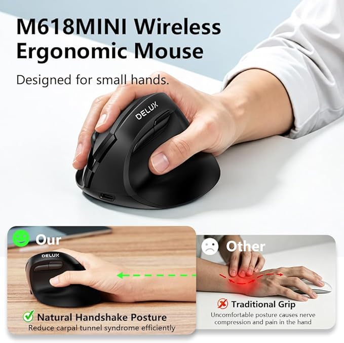 DELUX Wireless Ergonomic Mouse, Vertical Mouse for Small Hands, Silent Click Ergo Mouse, Up to 4000 DPI, 6 Buttons, Rechargeable, 2.4G/BT 5.2 Dual-Mode, Compatible with Laptop/PC (M618MINI-Black)