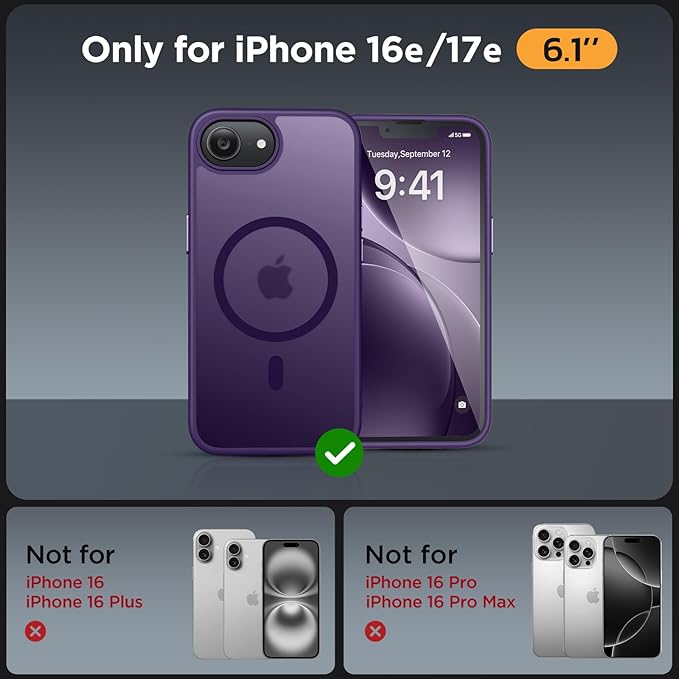 Miracase for iPhone 16e case & iPhone 17e Case for MagSafe [with 2×9H+ Screen Protectors] TOP Military-Grade Protection Shockproof with Velvet Touch for iPhone 16e/17e Phone Case 6.1", Dark Purple