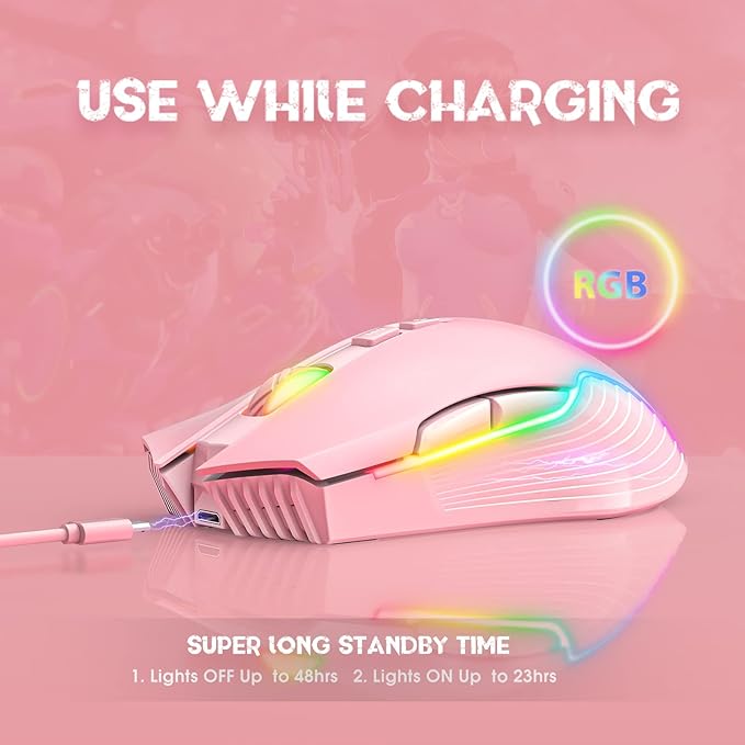 RGB Wireless Gaming Mouse, Pink, Rechargeable, Ergonomic Design, Adjustable DPI, Compatible with Windows, Mac