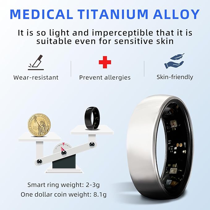 Smart Ring Titanium Fitness Sleep Tracker Health Monitoring Blood Pressure Blood Oxygen for iPhone and Android 7 Days Batterty Life (Black, 10) Full Charge First Use