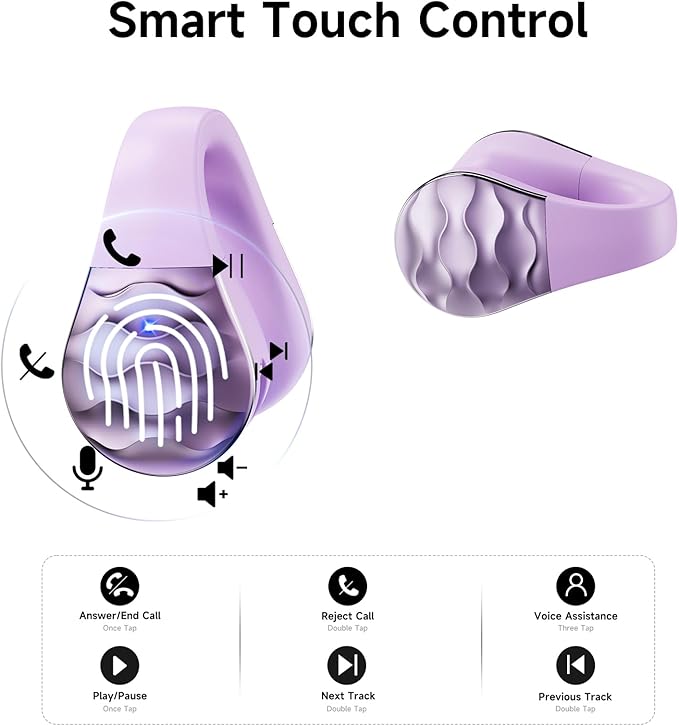 aigo Open Ear Earbuds, Wireless Bluetooth Earphone, Clip on Headphones, Over The Ear Earbuds for Fitness Running Gym Workouts, Built-in Mic, Wireless Charging, Purple Headset
