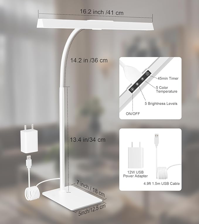 Desk Lamp for Home Office with Base, Eye-Caring Desk Light with Adjustable Gooseneck, 12W USB Adapter Touch Control 5 Dimmable Brightness & Color Tall Lamp for Work, Computer, Study, Task