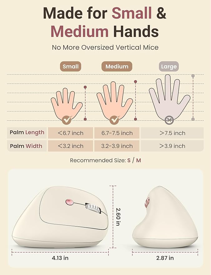 Ergonomic Vertical Wireless Mouse, 57° Natural Handshake for Wrist Pain Relief, Rechargeable 2.4G USB Computer Mouse, Quiet Click, 800/1200/1600 DPI, for Laptop PC Mac, Small/Medium Hands (Beige)