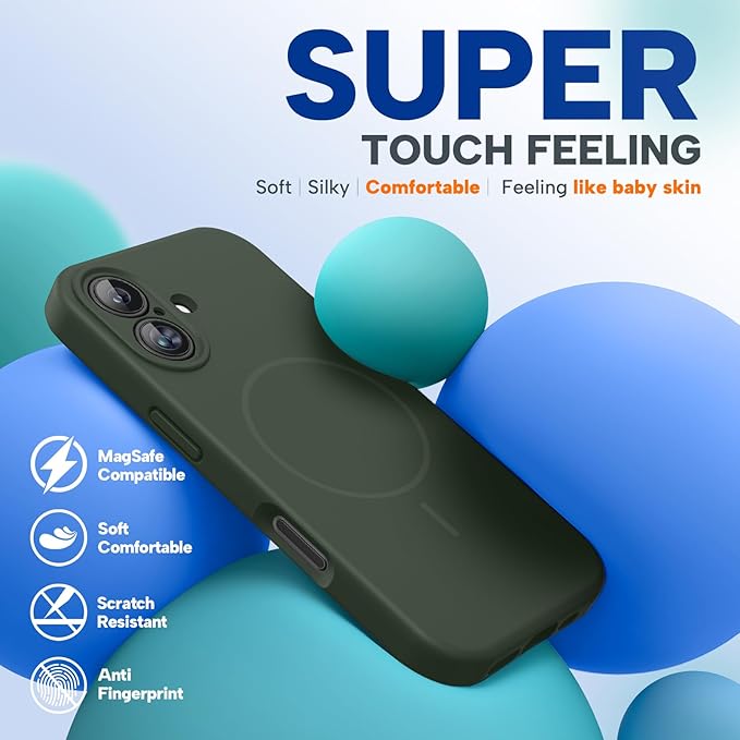 Miracase Compatible with iPhone 16 Case, [Soft Anti-Scratch Microfiber Lining], Compatible with MagSafe, Liquid Silicone Case Shockproof Drop Protection Phone Case for 16,Dark Green