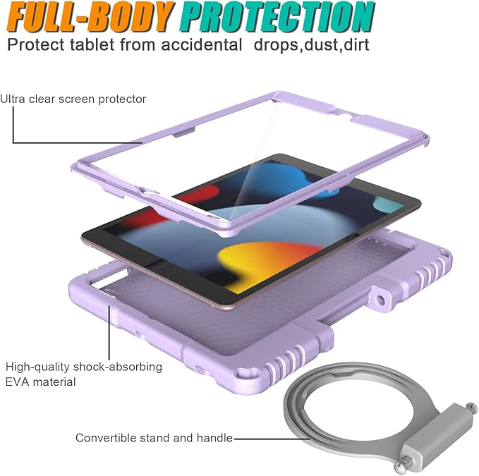 Kids Case for iPad (A16) 11th Generation 11 Inch 2025 & iPad 10th Generation 10.9 Inch 2022, Lightweight Shockproof Case Built-in Screen Protector with Handle Stand, Light Purple