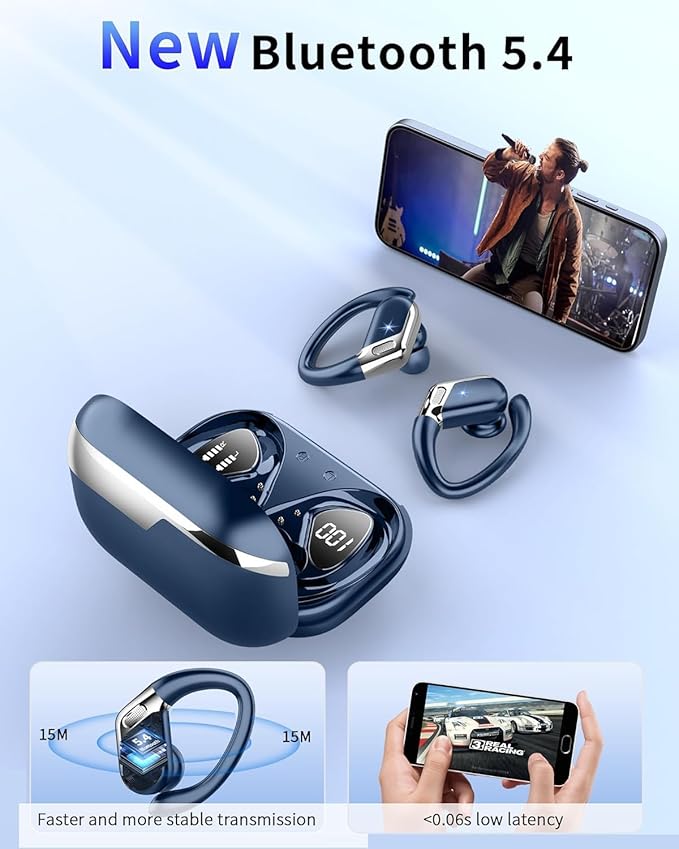 Wireless Earbuds, Bluetooth 5.4 Headphones Sport, 50H Deep Bass Sound Over Ear Buds with 4 ENC Noise Cancelling Mic, Dual LED Display, IP7 Waterproof Earphones with Earhook for Workout/Running/Gym