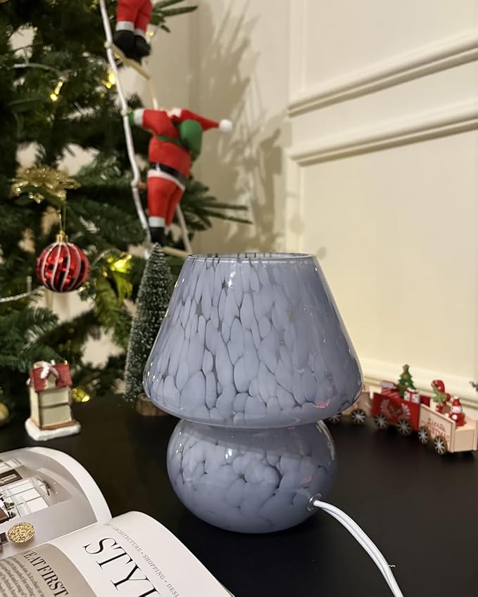 ONEWISH Mushroom Lamp Small Bedside Table Lamp-Nightstand Nightlight Dimmable Stepless, Translucent Glass Desk Lamp for Bedroom Dorm Living Kitchen, Murano Style Aesthetic Cute Home Decor(Blue)