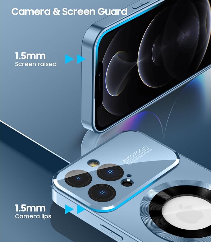 MAKAVO Magnetic for iPhone 12 Pro Max Case, Compatible with MagSafe, Built-in Camera Lens Protector, Logo View, Military Grade Drop Proof Phone Case Cover, Sierra Blue
