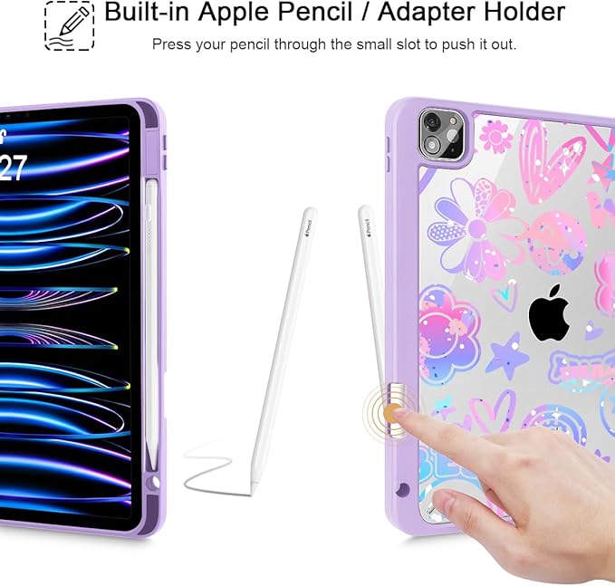 Tuiklol for iPad Pro 11 Inch 4th / 3rd / 2nd / 1st Gen (2022 2021 2020 2018) Case -Built-in Pencil Holder Shockproof Cover Clear Transparent Back Shell with Auto Wake/Sleep, Fun Emotions Purple