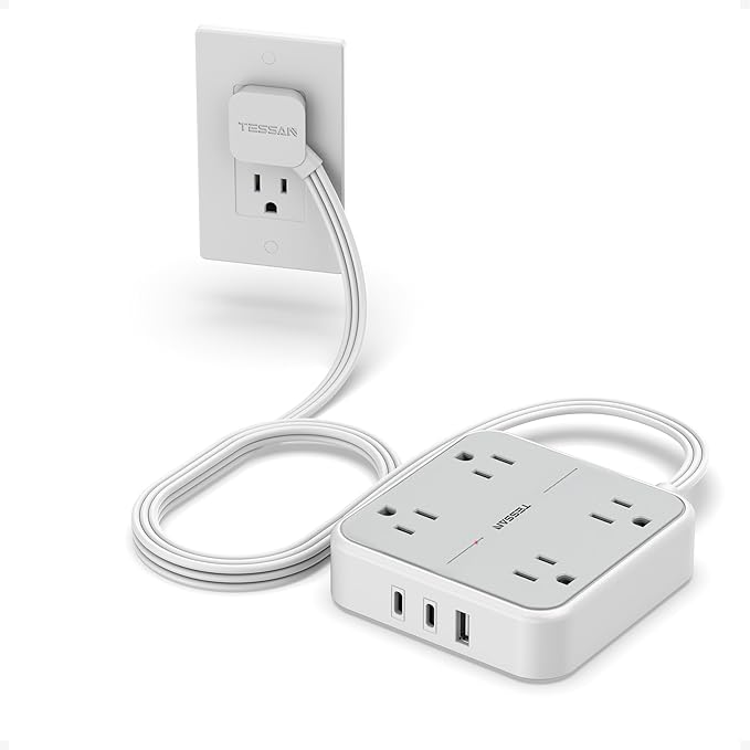 TESSAN Surge Protector Flat Extension Cord 5Ft, Flat Plug Power Strip with 4 Outlets 3 USB Ports (2 USB C), 900 Joules Protection, Multiple Wall Outlet Extender Suitable for Home Office Dorm, Grey