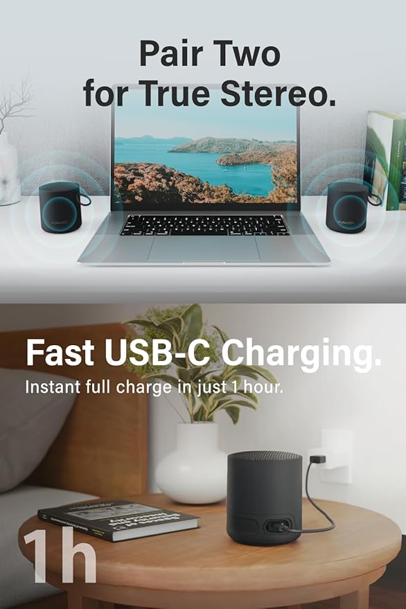 FUNLOGY Portable Mini2 Bluetooth Speaker, Wireless Portable Speaker with Deep Bass, IPX7 Waterproof, TWS Stereo Pairing, Built-in Mic, Small Speaker for Shower, Outdoor, Travel, Black