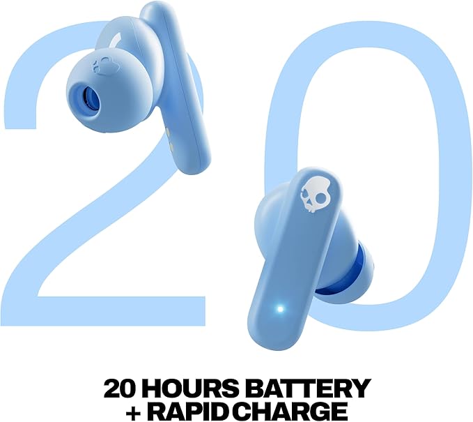 Skullcandy Smokin’ Buds Wireless Earbuds, Bluetooth Headphones, Noise Isolating Fit, Up to 20 Hours Battery, IPX4 Sweat and Water Resistant, Microphone for iPhone Android - Preppy Blue