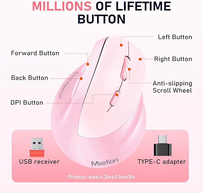 MEETION Ergonomic Mouse Wireless, Vertical Mouse RGB Backlit, Rechargeable Mice for Bluetooth(5.2 + 3.0) USB-A with Type-C Adapter, 4 Adjustable DPI, for Mac/Windows/Andriod/PC/Tablet/iPad Pink