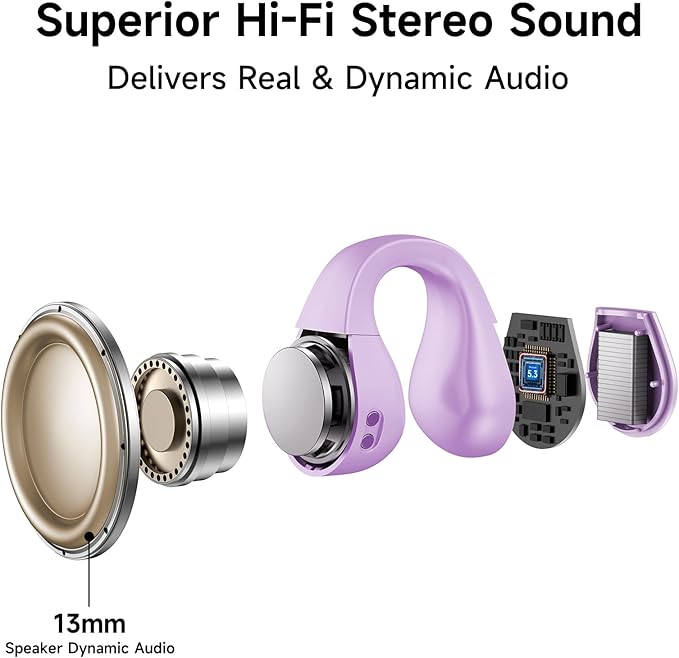 aigo Open Ear Earbuds, Wireless Bluetooth Earphone, Clip on Headphones, Over The Ear Earbuds for Fitness Running Gym Workouts, Built-in Mic, Wireless Charging, Purple Headset